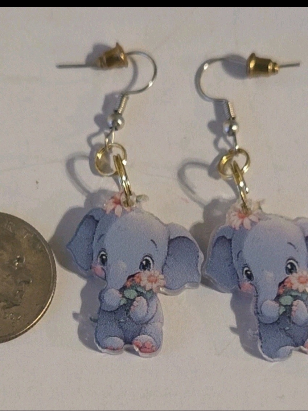 Cute Baby Elephant W/ Flower Acrylic Dangle Earrings Double-sided Jewelry